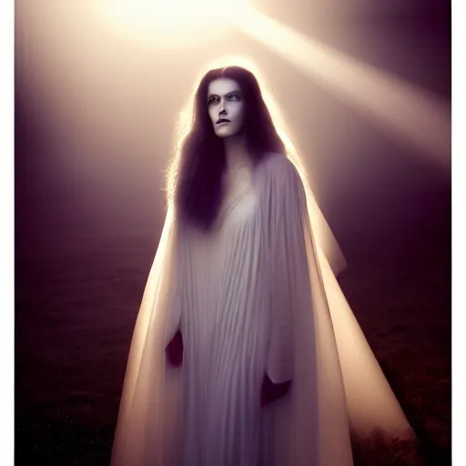 Image similar to photographic portrait of a stunningly beautiful alluring serene stark female ghost in soft dreamy light at sunset, smoke fog dust, god rays contemporary fashion shoot, by edward robert hughes, annie leibovitz and steve mccurry, david lazar, jimmy nelsson, breathtaking, 8 k resolution, extremely detailed, beautiful, establishing shot, artistic, hyperrealistic, beautiful face, octane render