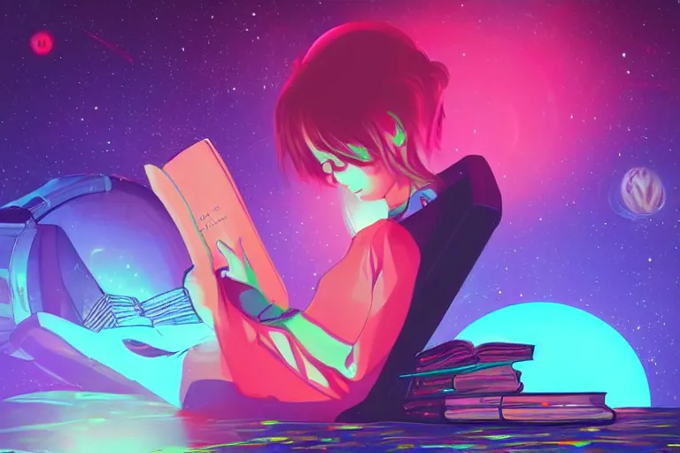 Prompt: a beautiful girl reading a book in space, lofi, anime, digital art, neon, synthwave,