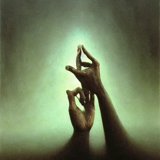 Prompt: arm reaching out of thick fog, hands interlocking, zdzislaw beksinski