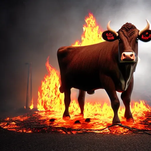 Prompt: a cow in hell, surrounded by fire, realistic render