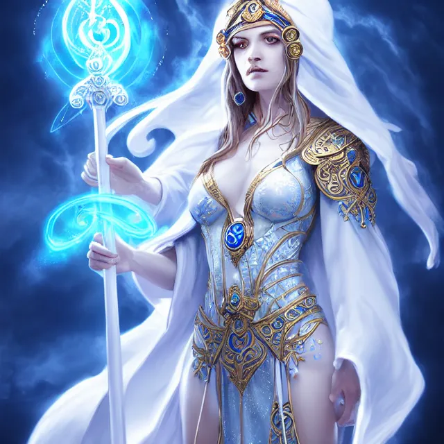 Prompt: beautiful elemental sky witch with ornate white and blue robes and staff, highly detailed, 4 k, hdr, smooth, sharp focus, high resolution, award - winning photo, artgerm, photorealistic