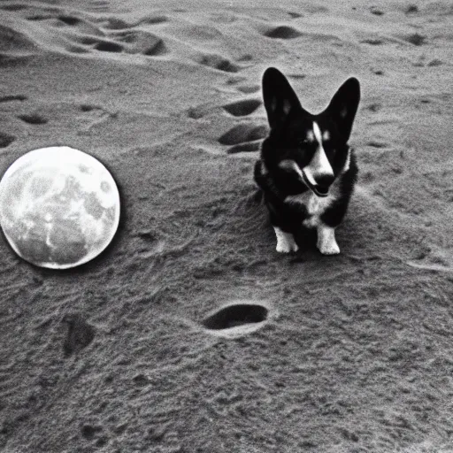 Image similar to corgi moon landing, vintage photograph by david lynch