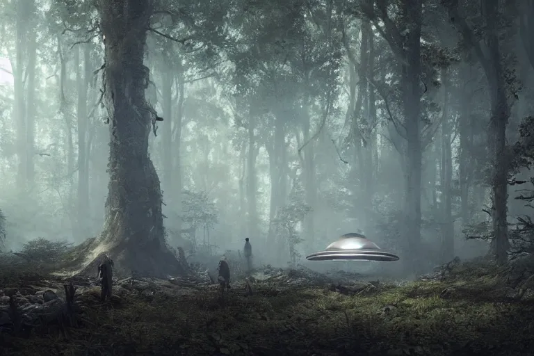 Prompt: ufo in a forest, concept art, intricate details, eerie, highly detailed, photorealistic, octane render, 8 k, unreal engine. art by greg rutkowski and james gurney and h r giger