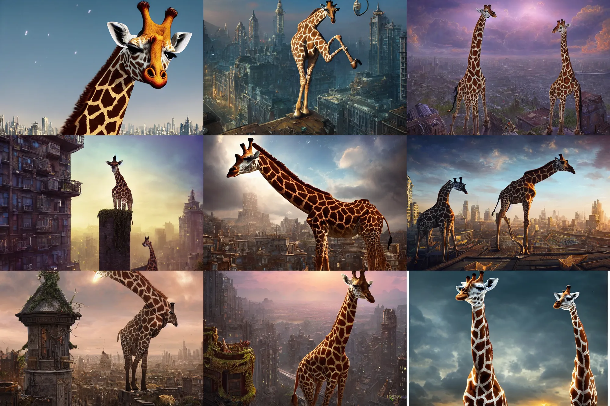 Prompt: giraffe standing on the rooftop, fantasy, intricate, epic lighting, cinematic composition, hyper realistic, 8 k resolution, unreal engine 5, by artgerm, tooth wu, dan mumford, beeple, wlop, rossdraws, james jean, andrei riabovitchev, marc simonetti, yoshitaka amano, artstation