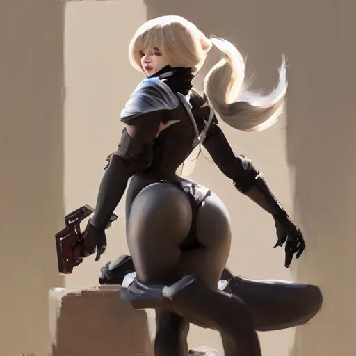 Image similar to greg manchess portrait painting of yorha type a no. 2 as tracy from overwatch from behind, organic painting, sunny day, matte painting, bold shapes, hard edges, street art, trending on artstation, by huang guangjian and gil elvgren and sachin teng