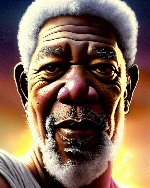 Image similar to highly detailed portrait, morgan freeman as zeus, greek mythology, stephen bliss, unreal engine, fantasy art by greg rutkowski, loish, rhads, ferdinand knab, makoto shinkai and lois van baarle, ilya kuvshinov, rossdraws, tom bagshaw, global illumination, radiant light, detailed and intricate environment