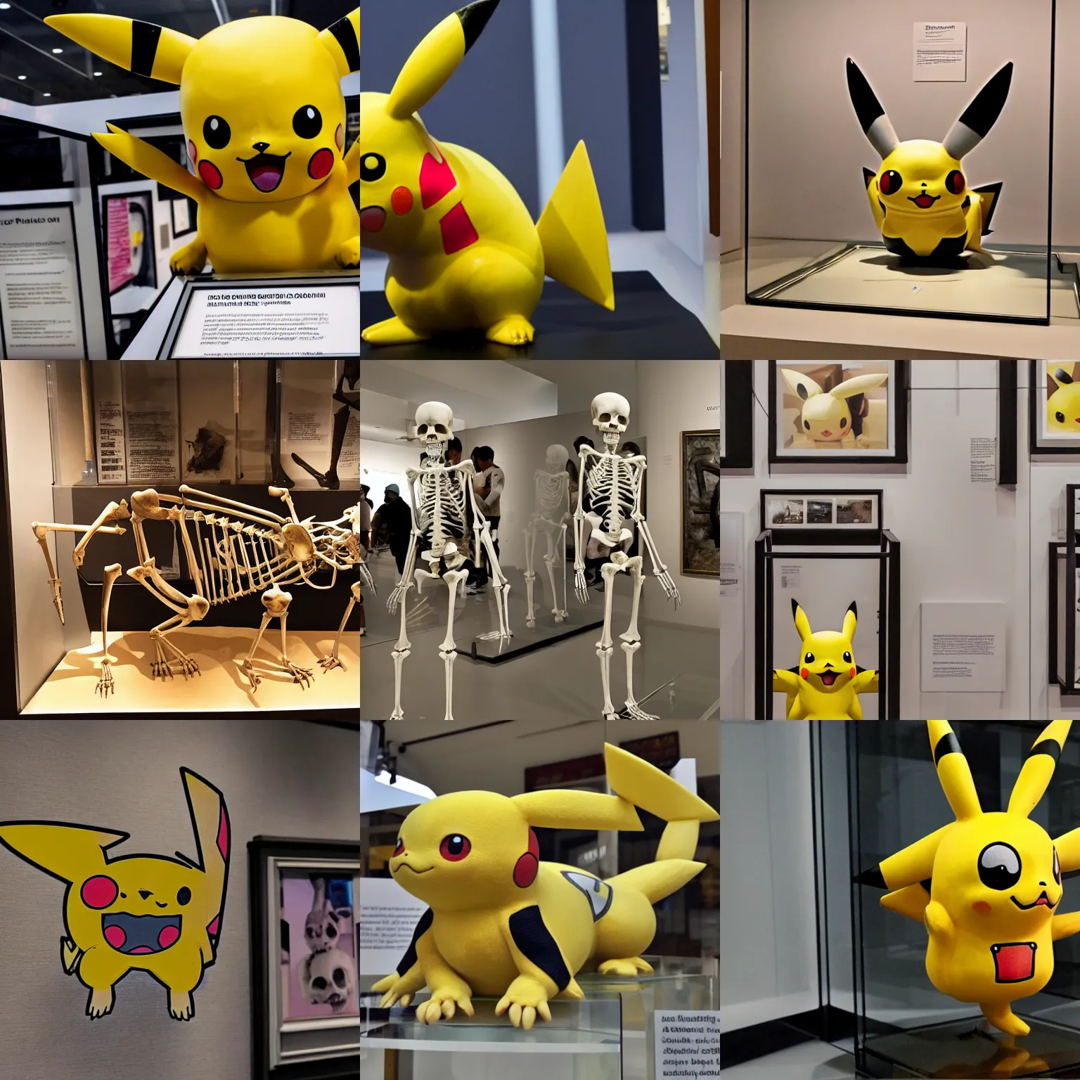 Image similar to photo of a pikachu skeleton on display in a museum