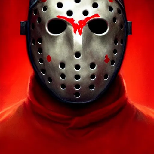 Prompt: Jason friday the 13th, hockey mask, blood,intricate, cinematic lighting, highly detailed, digital painting, artstation, concept art, smooth, sharp focus, illustration, art by Artgerm and Greg Rutkowski, Cgsociety