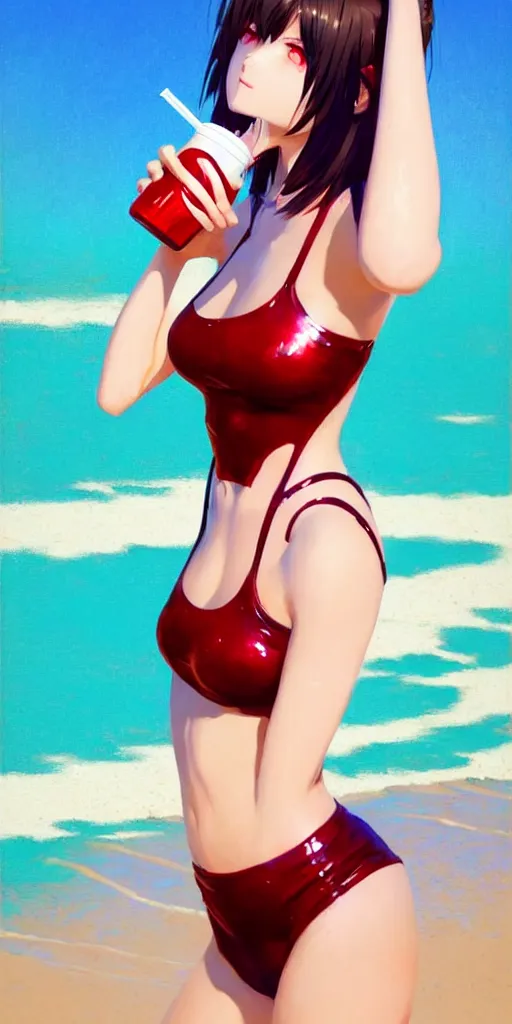 Image similar to full body picture of a girl drinking a coke, highly detailed face, very thirsty, dripping on the body, sharp focus, shiny day beach, extremely beautiful and cute and aesthetic face and body, specular reflection, occlusion shadow, trending on artstation, epic light novel cover art, art by ilya kuvshinov and sakimichan and jeremy lipking