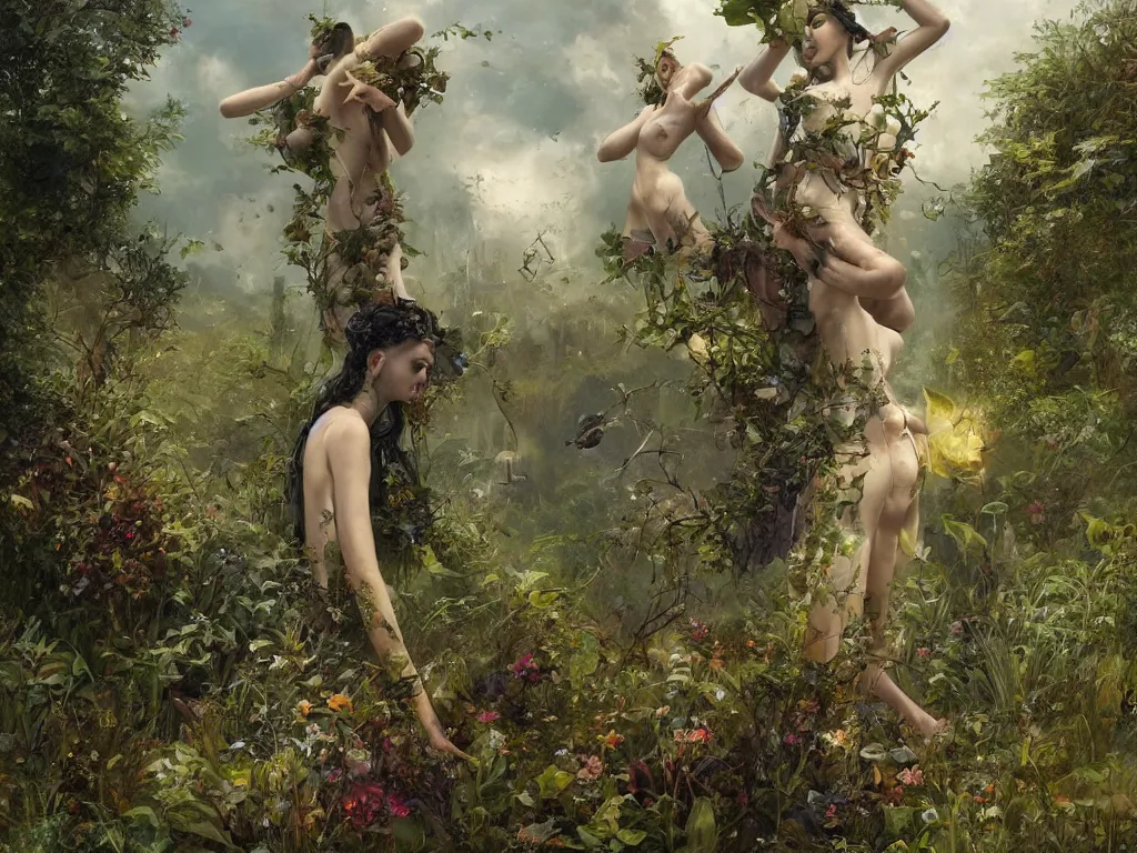 Image similar to a solarpunk very very very beautiful lush landscape of a the most beautiful nymph in a field are of broken stone words with cyborg workers picking up the broken stone and trying to put them back together, hyperrealistic, award-winning, masterpiece, in the style of Tom Bagshaw, Cedric Peyravernay, Peter Mohrbacher