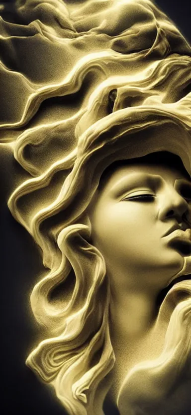 Prompt: epic, abstract sculpture of beautiful female face and black swirling liquifying acrylic portrait, fluffy clouds, golden hour, beautiful light, 3 d sculpture of carving marble, dark colors, dark mood, one point lightning, golden spirals