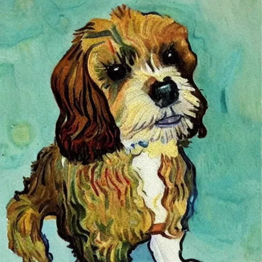 Prompt: cavoodle wearing a business suit, watercolor, vivid, art by van gogh