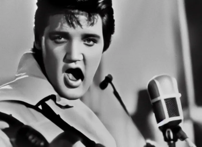 Prompt: cinematic close up shot of Elvis Presley in a cowboy hat riding a horse, singing into a microphone,
