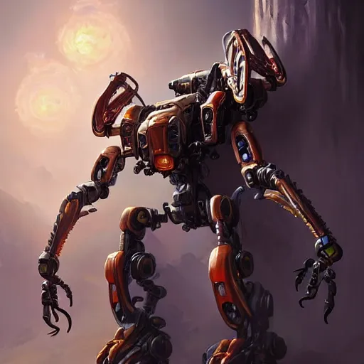 Prompt: beautiful oil painting with high detail of a mech spider robot from dungeons and dragons and art direction by James Cameron ;by artgerm; wayne reynolds art station; cinematic quality character action render; ultra high quality model; production quality cinema model; flaming plasma aesthetic