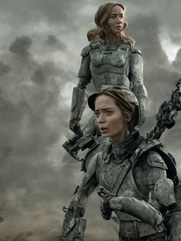 Image similar to emily blunt in power armor, angel of verdun, epic movie scene