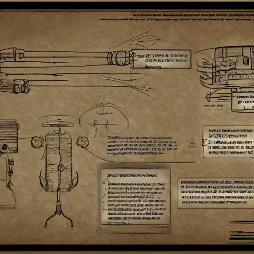 Image similar to schematic for alien technology, aged, faded parchment, sketch, descriptions, highly detailed, 8 k,