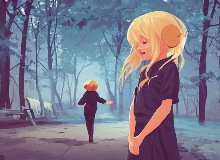 Image similar to little girl with long blonde hair meeting a ghost. clean cel shaded vector art. shutterstock. behance hd by lois van baarle, artgerm, helen huang, by makoto shinkai and ilya kuvshinov, rossdraws, illustration, art by ilya kuvshinov