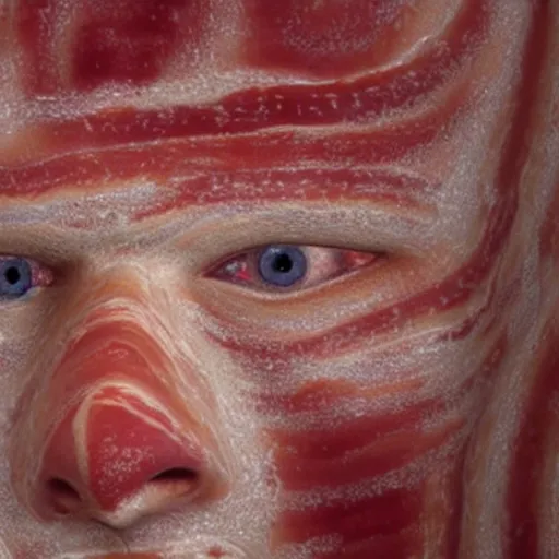 Image similar to the shroud of turin made of bacon, photography, 8 k, highly detailed, ultra realistic, path traced