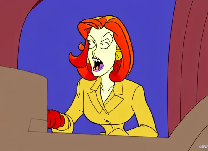 Prompt: dana scully in dragon's lair, shaded cartoon cel, animation model, sharp detail, thin linework, in the style of don bluth, filmation, toei animation, studio trigger, 5 k, hd