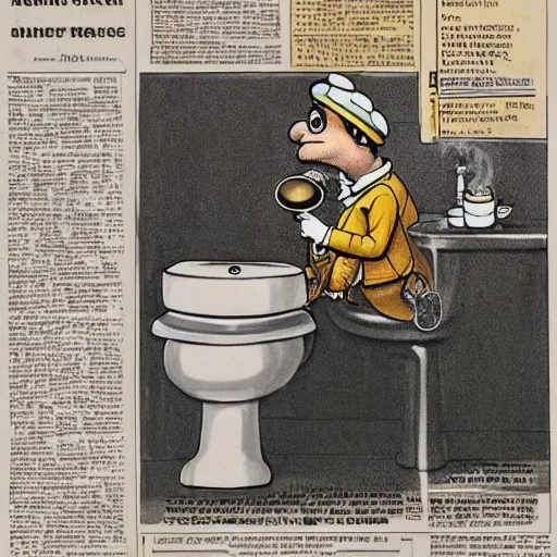 Image similar to a toad on the toilet reads a newspaper in a hat and smokes a pipe 4 k full nd, hyperrealism