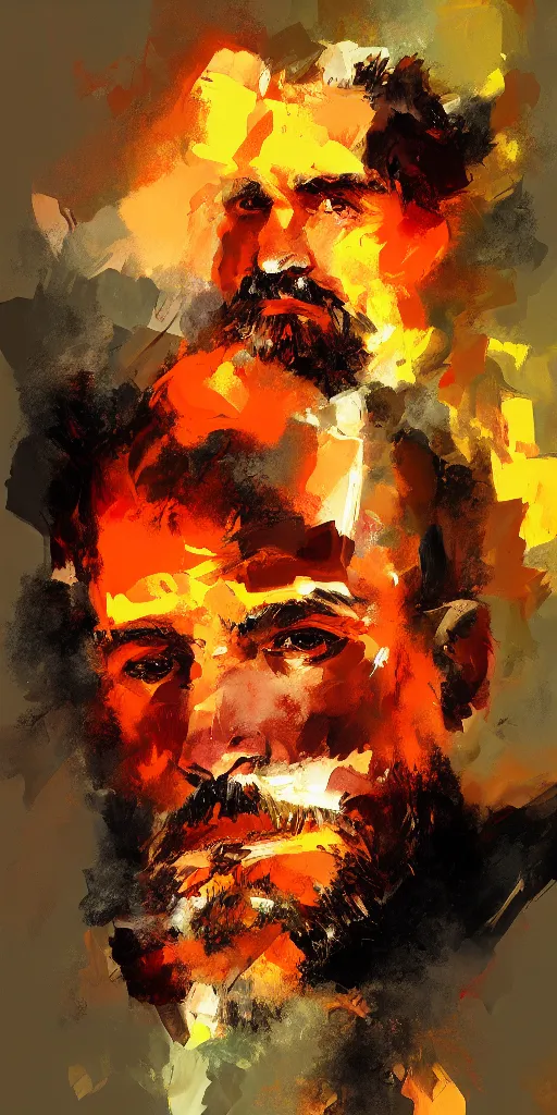 Prompt: abstract painting of hansome bearded man on fire, by craig mullins, featured on artstation. Portrait.