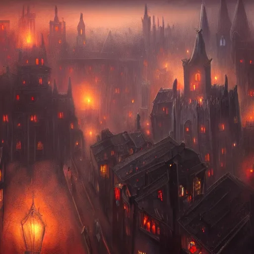 Prompt: fantasy dark medieval cityscape, painting, drone shot, lights in the dark, lanterns, fog, people in the streets, sharp roofs, small buildings, city wall, smoke, dark fantasy, magic the gathering, fantastic artwork, 4 k, trending on artstation, by greg rutkovski, high fantasy, barren landscape, fountains of blood