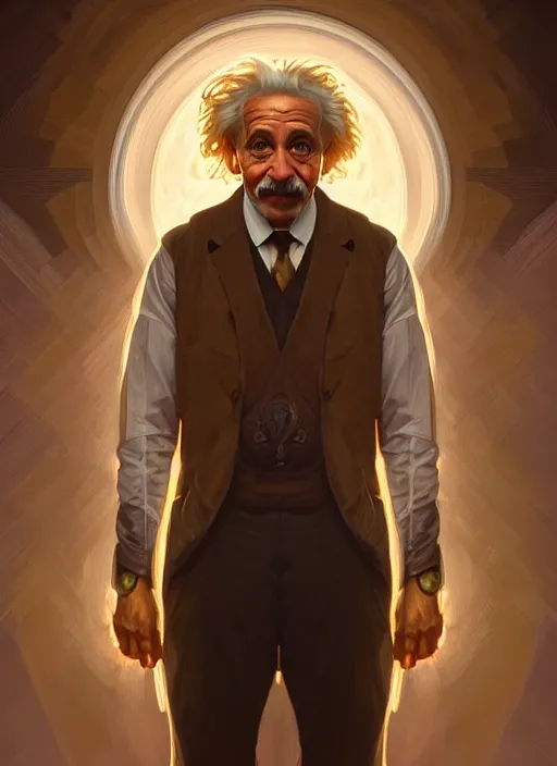 Image similar to symmetry!! portrait of albert einstein, cottagecore!! fitness body, glowing lights!! intricate, elegant, highly detailed, digital painting, artstation, concept art, smooth, sharp focus, illustration, art by artgerm and greg rutkowski and alphonse mucha