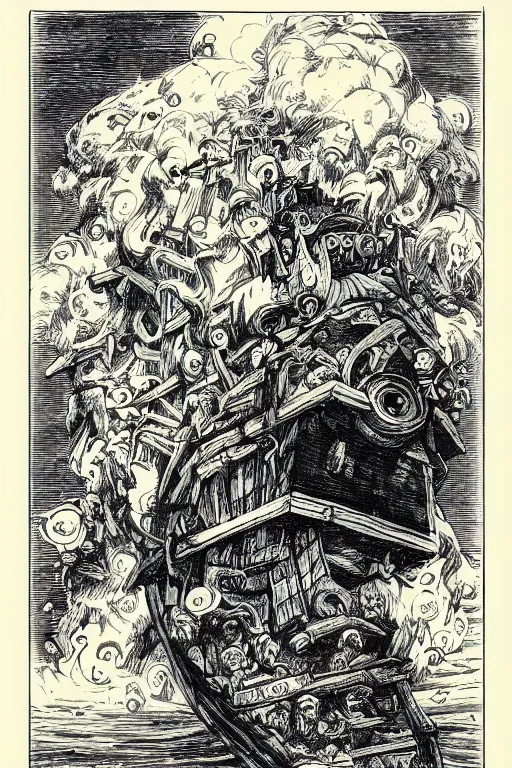 Prompt: 19th century wood-engraving of Howl's moving castle, whole page illustration from Jules Verne book, art by Édouard Riou Jules Férat and Henri de Montaut, frontal portrait, high quality, beautiful, highly detailed, removed watermarks