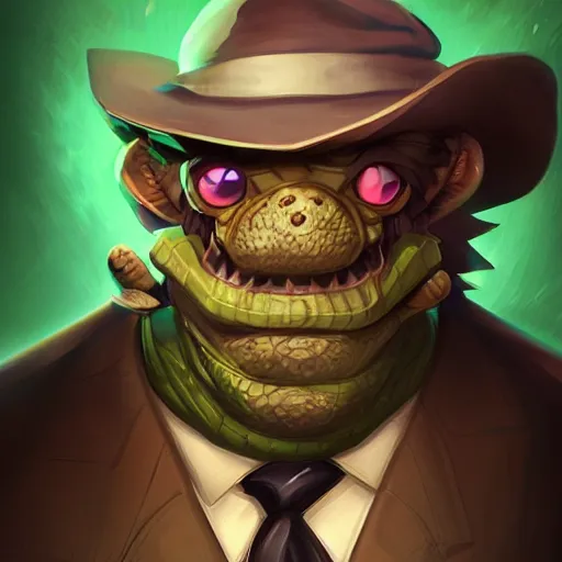 Image similar to Crocodile detective, league of legends character, portrait, digital art, trending on ArtStation