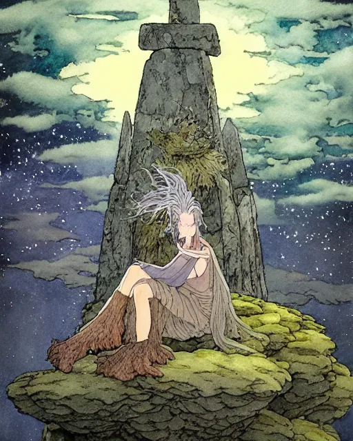 Image similar to a hyperrealist studio ghibli watercolor fantasy concept art of a giant long haired grey witch in lotus position sitting on top of stonehenge with a starry sky in the background. a ufo is in the sky. by rebecca guay, michael kaluta, charles vess