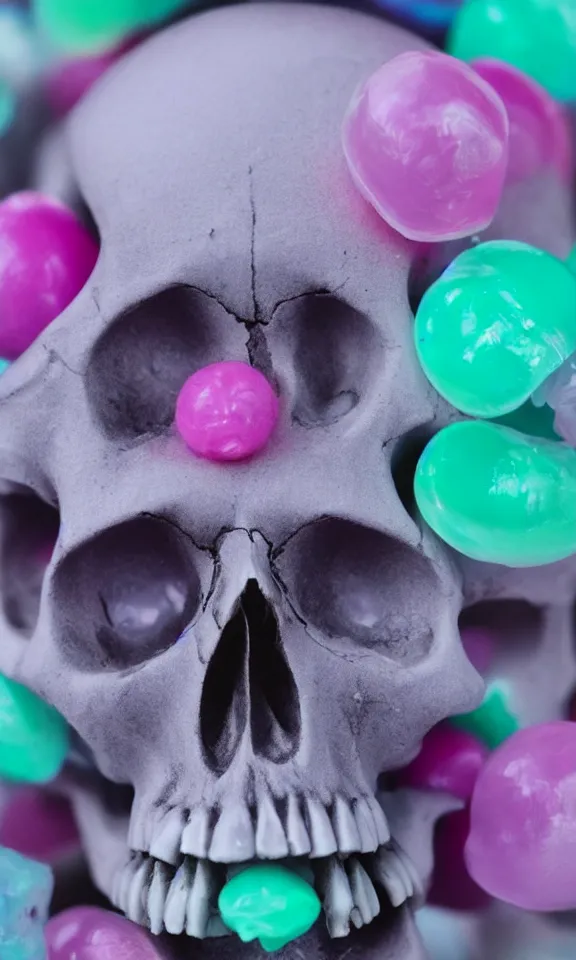 Image similar to closeup photo of a skull made out of bubble gum, 4k, highly detailed