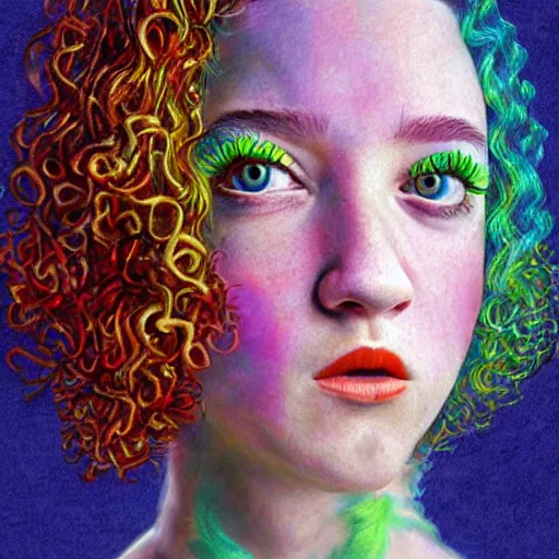 Image similar to surrealism psychedelic portrait sketch of julia garner as delirium of the endless in fishnet top and rainbow tutu skirt from the sandman, floating goldfish, green and blue eye heterochromia by alex ross, josh kirby, detailed, elegant, intricate