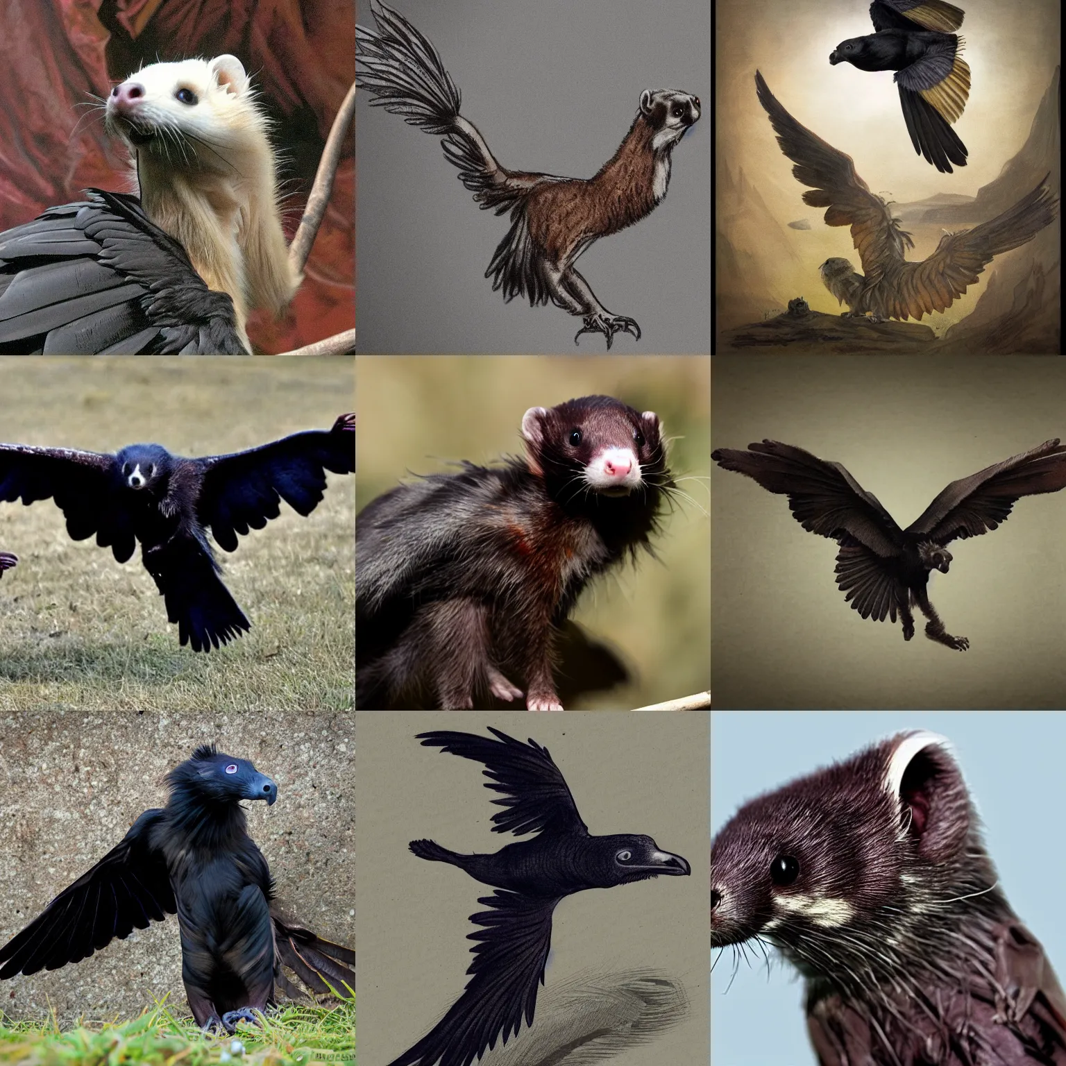 Prompt: a creature with the body of a ferret, wings and beak of a raven.