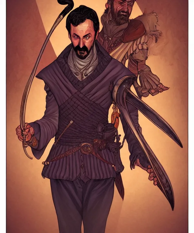 Image similar to a ( fantasy comic ) ( cover art ) portrait of a dubious bard who looks like ( tom green ), digital illustration by jenny frison and sana takeda and kentaro miura, fine inking lines, dnd, highly detailed!, hd, 4 k, trending on artstation