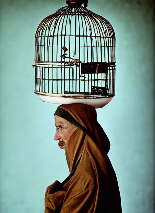 Prompt: a person with a birdcage instead of head, natural light, smooth, detailed face, magazine, press, photo, steve mccurry, david lazar, canon, nikon, focus