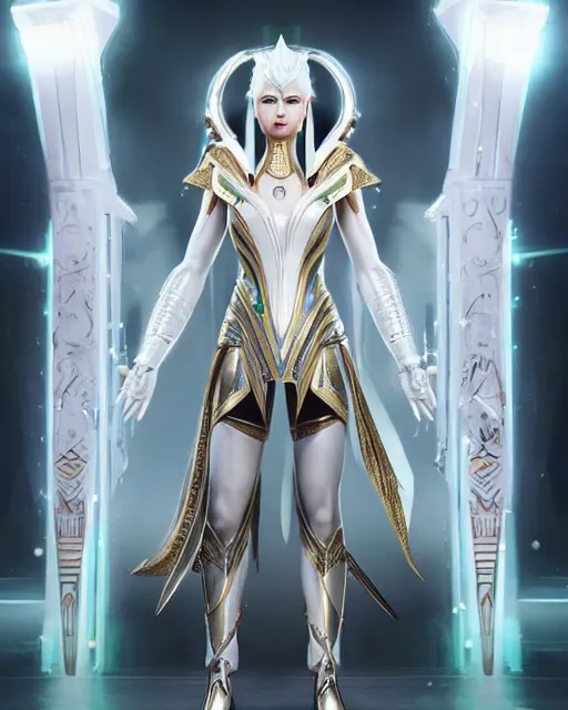 Image similar to perfect white haired attractive egyptian goddess, warframe armor, pharaoh headdress, beautiful, symmetric, dreamy, half asian, pretty face, green eyes, charlize theron, detailed, scifi platform, laboratory, experiment, 4 k, ultra realistic, epic lighting, android body, illuminated, cinematic, masterpiece, art by akihito tsukushi, voidstar