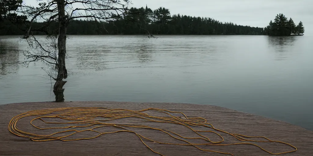 Prompt: centered photograph of a single line of thick big brown \ long rope floating on the surface stretching out to the center of the lake, a dark lake sandy shore on a cloudy day, color film, sandy shore foreground trees in the background, hyper - detailed kodak color film photo, anamorphic lens