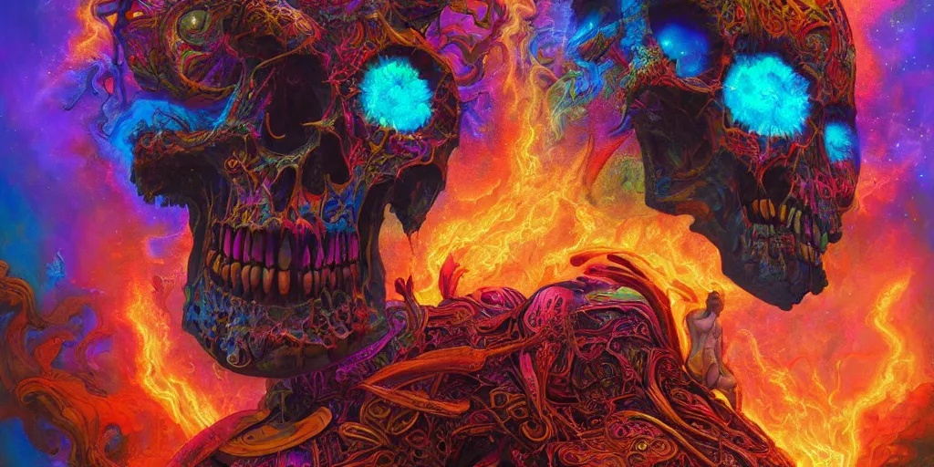 Image similar to gigantic psychedelic demonic cosmic skull of death and fire, outer space, fantasy painting, ultra realistic, dmt, rule of thirds, wide angle, art nouveau, intricate details, digital painting, rainbowshift, vivid colors, highly detailed by peter mohrbacher, h. r. giger, maxfield parrish, craig mullins, octane render, cgi