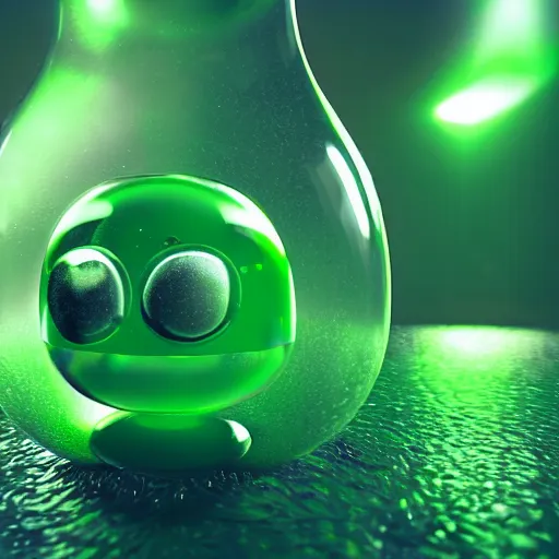 Prompt: cute green jello alien, octane render, depth of field, refraction, caustics, bubbles