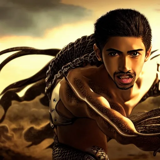 Prompt: anime of young puerto rican man with facial hair, longer nose brown eyes, full body, reptile armor, by shinichiro watanabe, hyper realistic, dark fantasy detailed, high definition insanely detailed, bitter wide angle lens glow in the dark