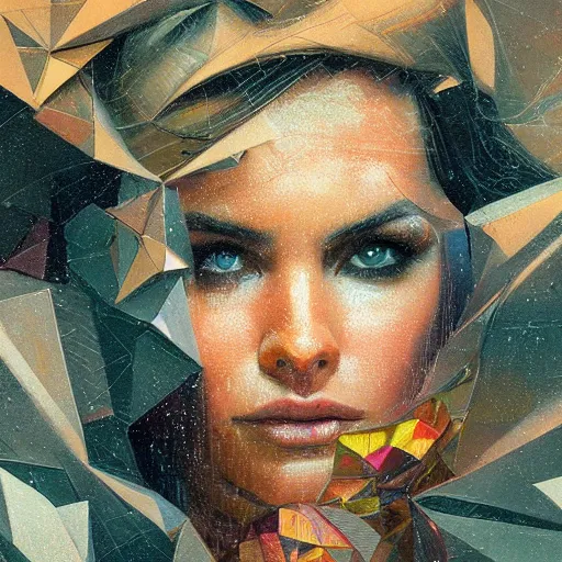 Image similar to detailed face of a woman clothed wrapped in textiles, lush, opulent, shards, utopian, tech noir, wet reflections, prism, atmospheric, ambient, pj crook, syd mead, livia prima, artgerm, greg rutkowski, nick alm, casey baugh