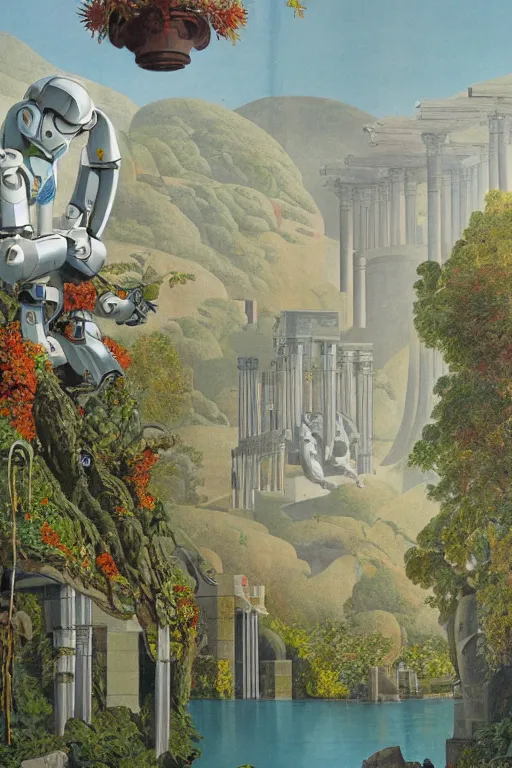 Image similar to mecha robot, hanging gardens of babylon, temple of artemis at ephesus, waterfalls, blooming hills with spring flowers and pillars by helen lundeberg