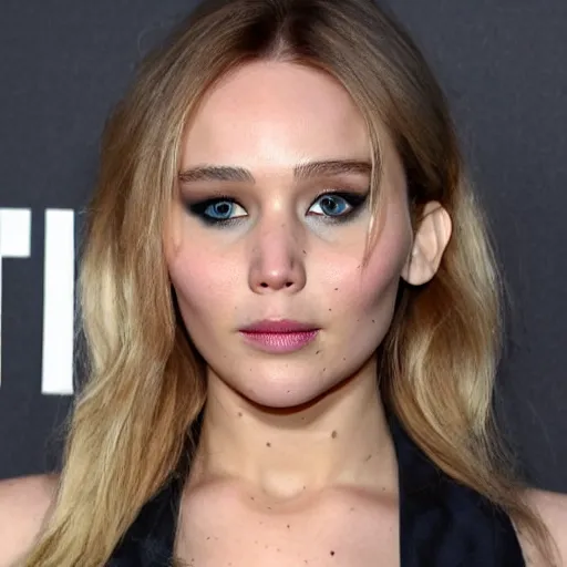 Image similar to a woman who is a genetic combination of jennifer lawrence and elizabeth olsen face and upper - body focus