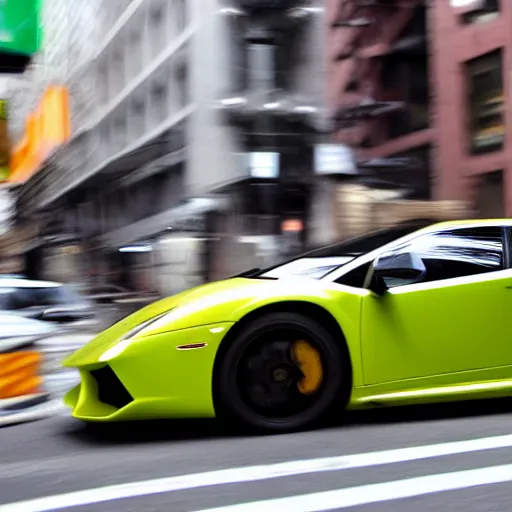 Image similar to a mushroom in a lamborghini speeding through nyc, cinematic, motion blur