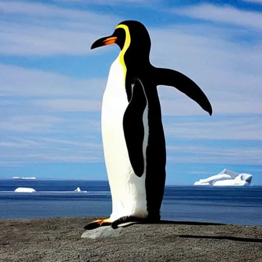 Prompt: “a giant stone statue of a penguin, Antarctica”