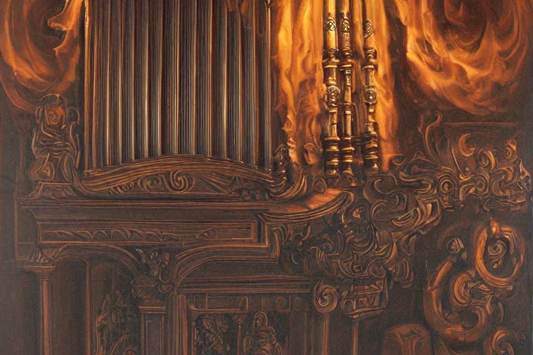 Image similar to pipe organ carved from dark smoke, high detail baroque oil painting