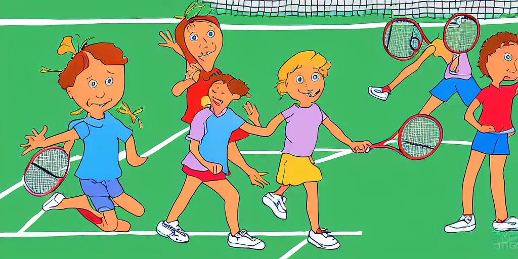 Image similar to digital art of anatomically correct kids playing tennis by quino