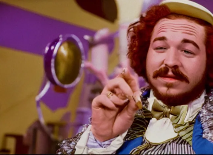 Image similar to film still of Post Malone as Willy Wonka in Willy Wonka and the Chocolate Factory 1971