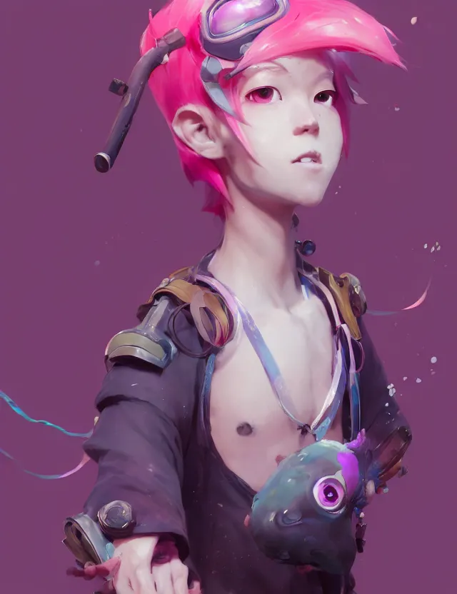 Image similar to a beautiful portrait of a cute splatoon anime male with pink hair. character design by cory loftis, fenghua zhong, ryohei hase, ismail inceoglu and ruan jia. artstation, volumetric light, detailed, photorealistic, fantasy, rendered in octane