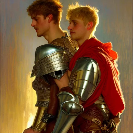 Image similar to attractive arthur pendragon and his attractive male knight, they are in love, natural lighting, path traced, highly detailed, high quality, digital painting, by gaston bussiere, craig mullins, alphonse mucha j. c. leyendecker